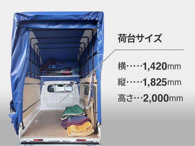 荷台サイズは横142cm×縦182.5cm、高さ2mと説明する写真